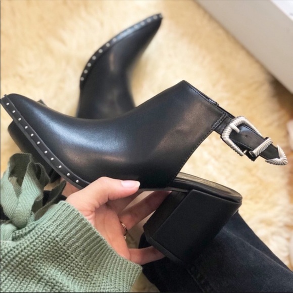 Shoes - Black Vegan Leather Ankle Bootie Studded Detail